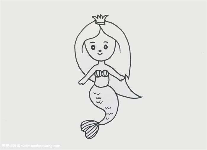 3,再往下将美人鱼的下半身鱼尾身体给画出来,还要给鱼尾画上鳞片