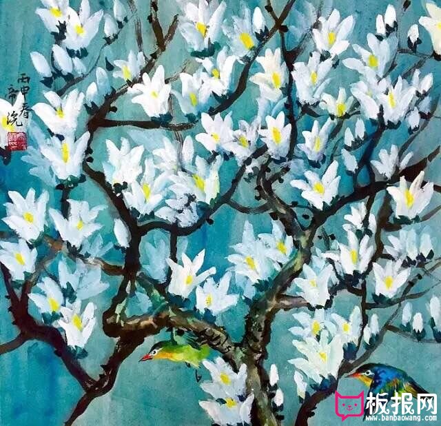 漂亮的水粉风景画图片,玉兰花开